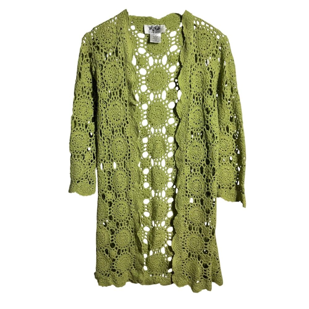 Vintage Y2K Crochet Cardigan‎ Open Knit Sweater Women S Lime Green Boho Fairy